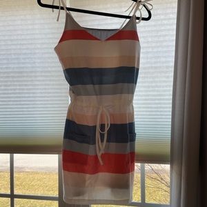 Striped sundress with tie straps- shades of pinks and blues.